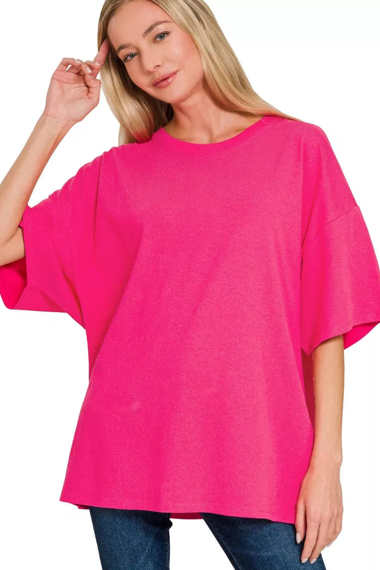 Zenana Cotton Short Sleeve Oversized Tee in Hot Pink
