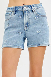 Risen High Rise Floral Embroidered Denim Shorts RDS6460