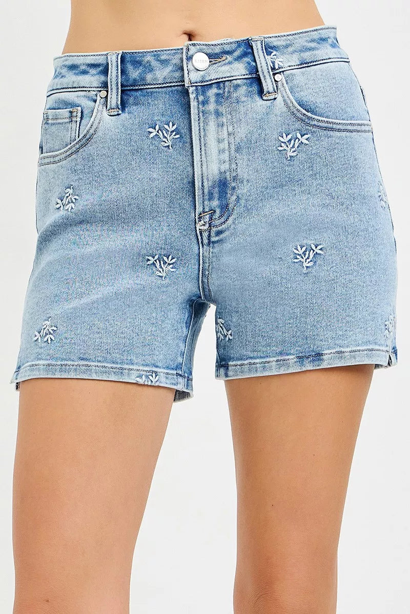 Risen High Rise Floral Embroidered Denim Shorts RDS6460