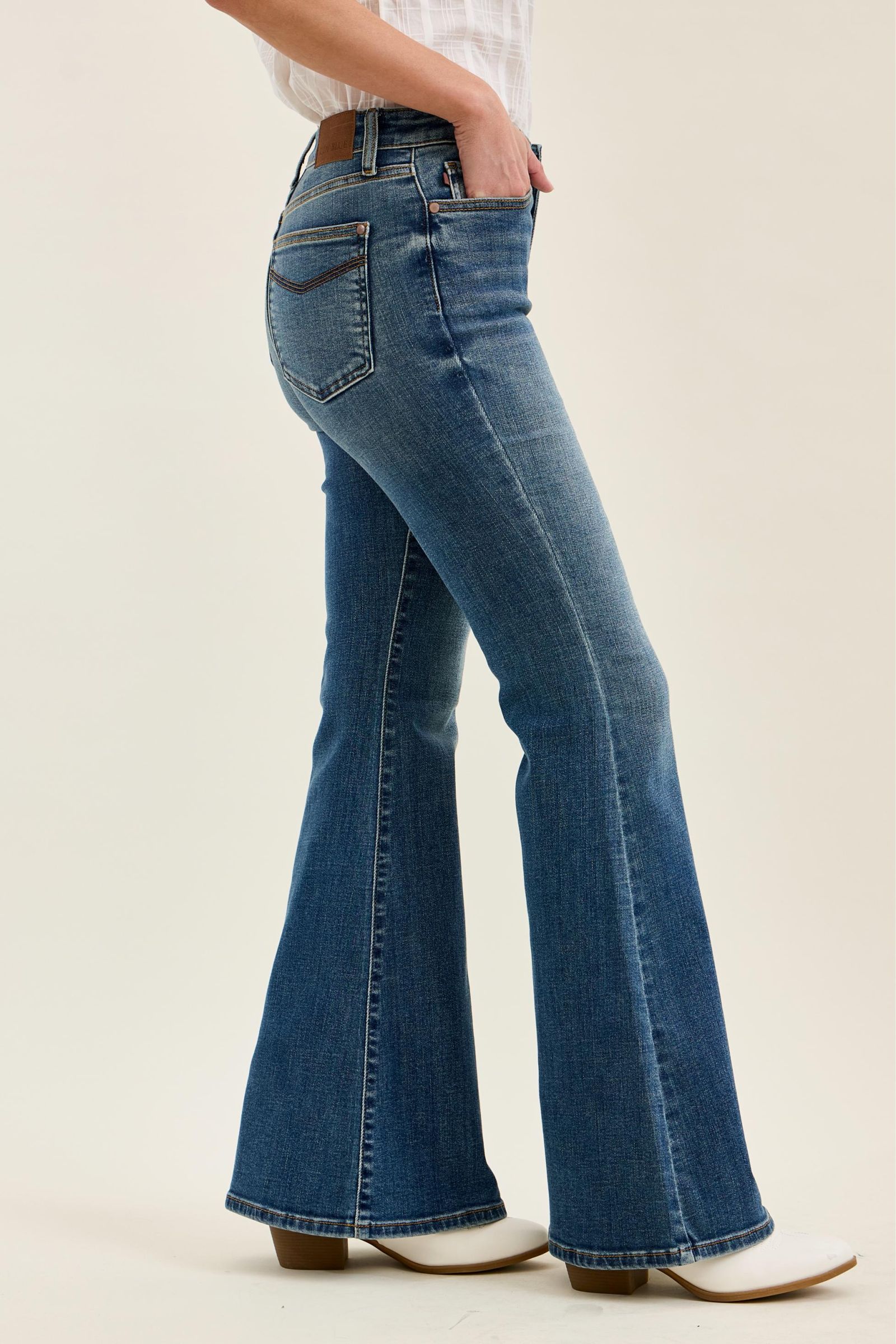 Judy Blue Mid Rise Jaqueline Flare Jeans with Embroidered Back Pockets