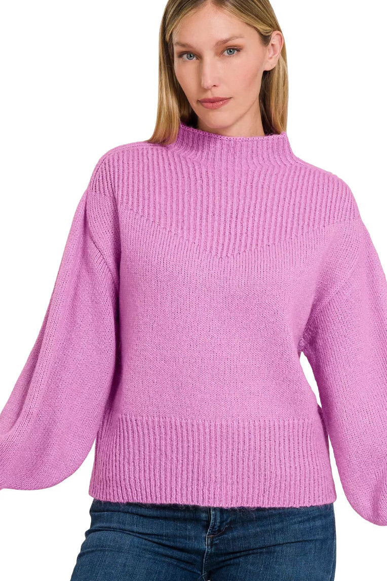 Zenana Balloon Sleeve Mock Neck Sweater in Heathered Mauve