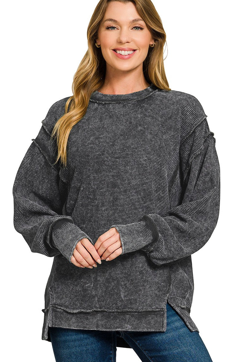 Zenana Acid Washed Double Ribbed Exposed Seam Sweatshirt in Black
