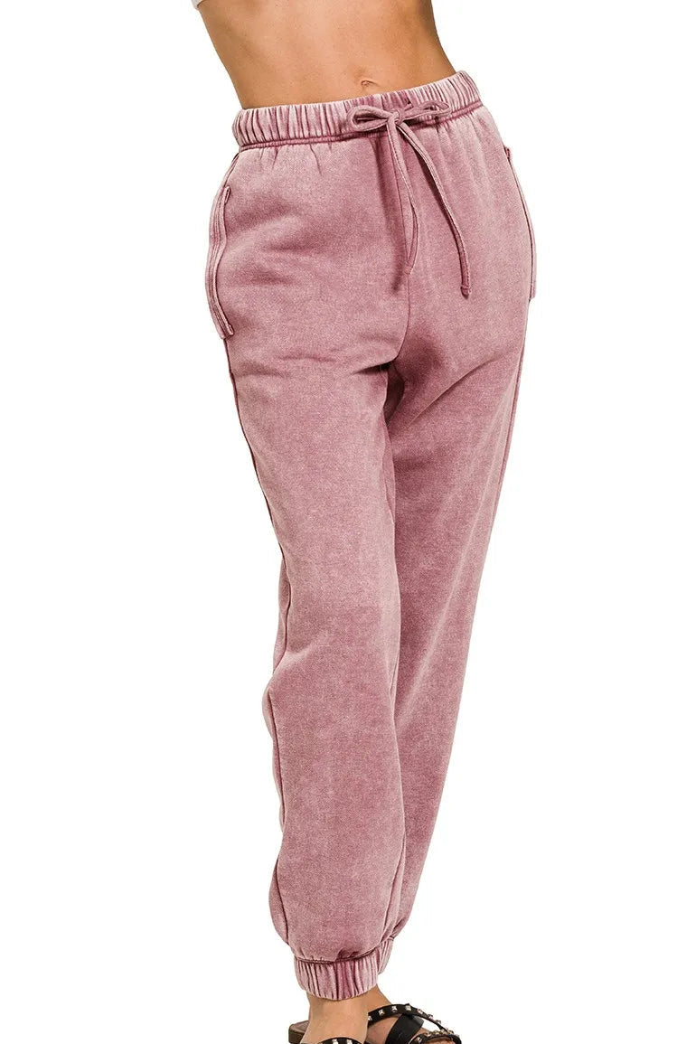 Acid Wash Fleece Jogger Sweatpants in Light Rose