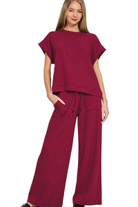 Cotton Slub Short Sleeve Tee and Pants Set in Cabernet
