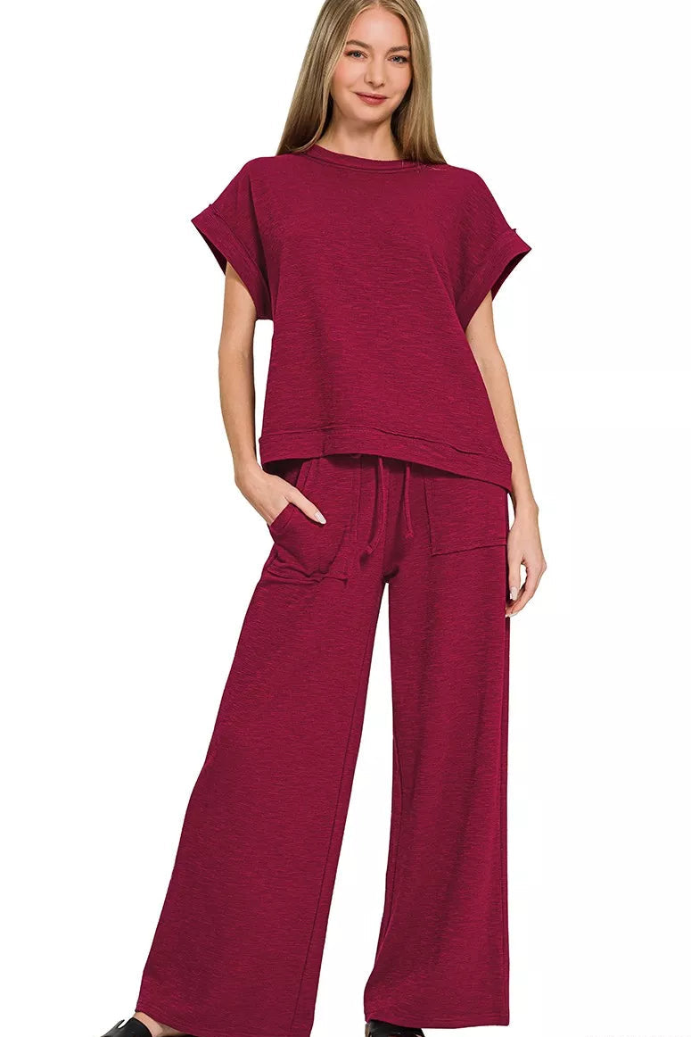 Cotton Slub Short Sleeve Tee and Pants Set in Cabernet