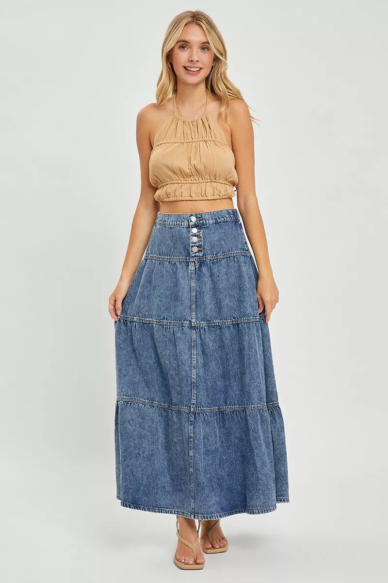 Risen Tiered Denim Maxi Skirt