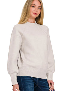 Zenana Mock Neck Exposed Seam Sweater in Bone