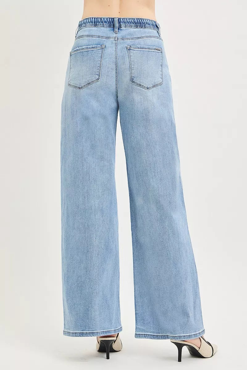 Risen High Rise Slouchy Wide Leg Jeans with Drawstring PW21423