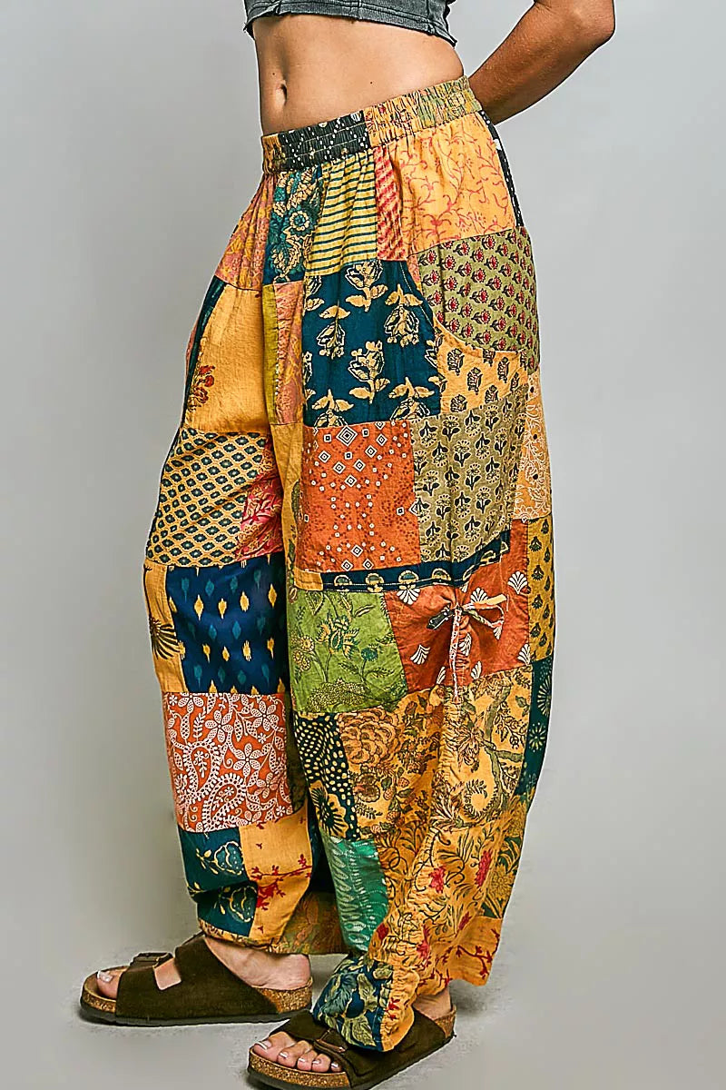 POL Printed Patchwork Pants with Adjustable Side Drawstring