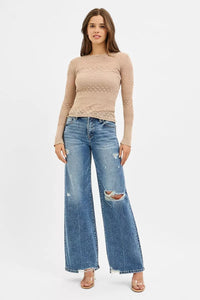 Risen Mid Rise Distressed Wide Leg Jeans