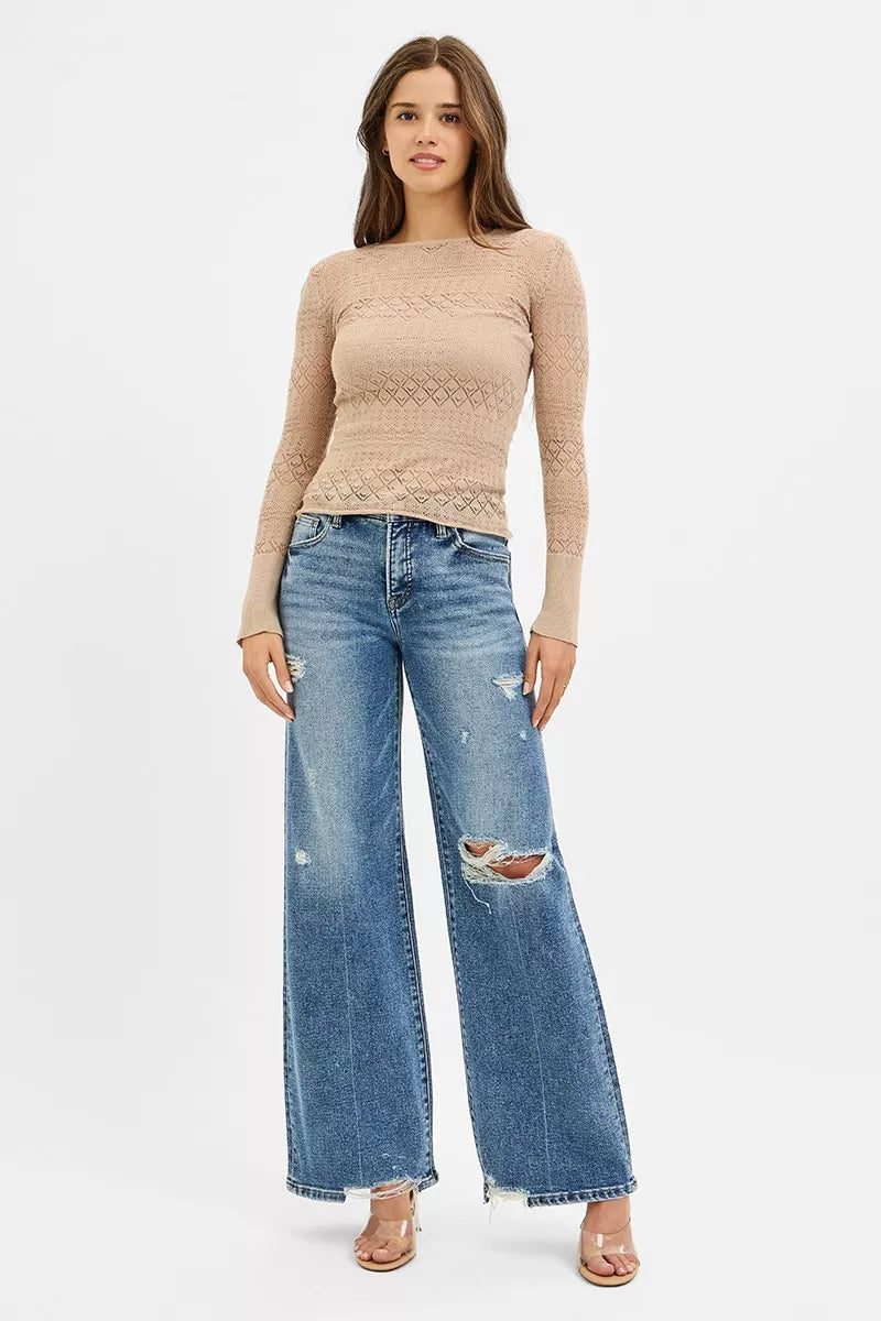 Risen Mid Rise Distressed Wide Leg Jeans