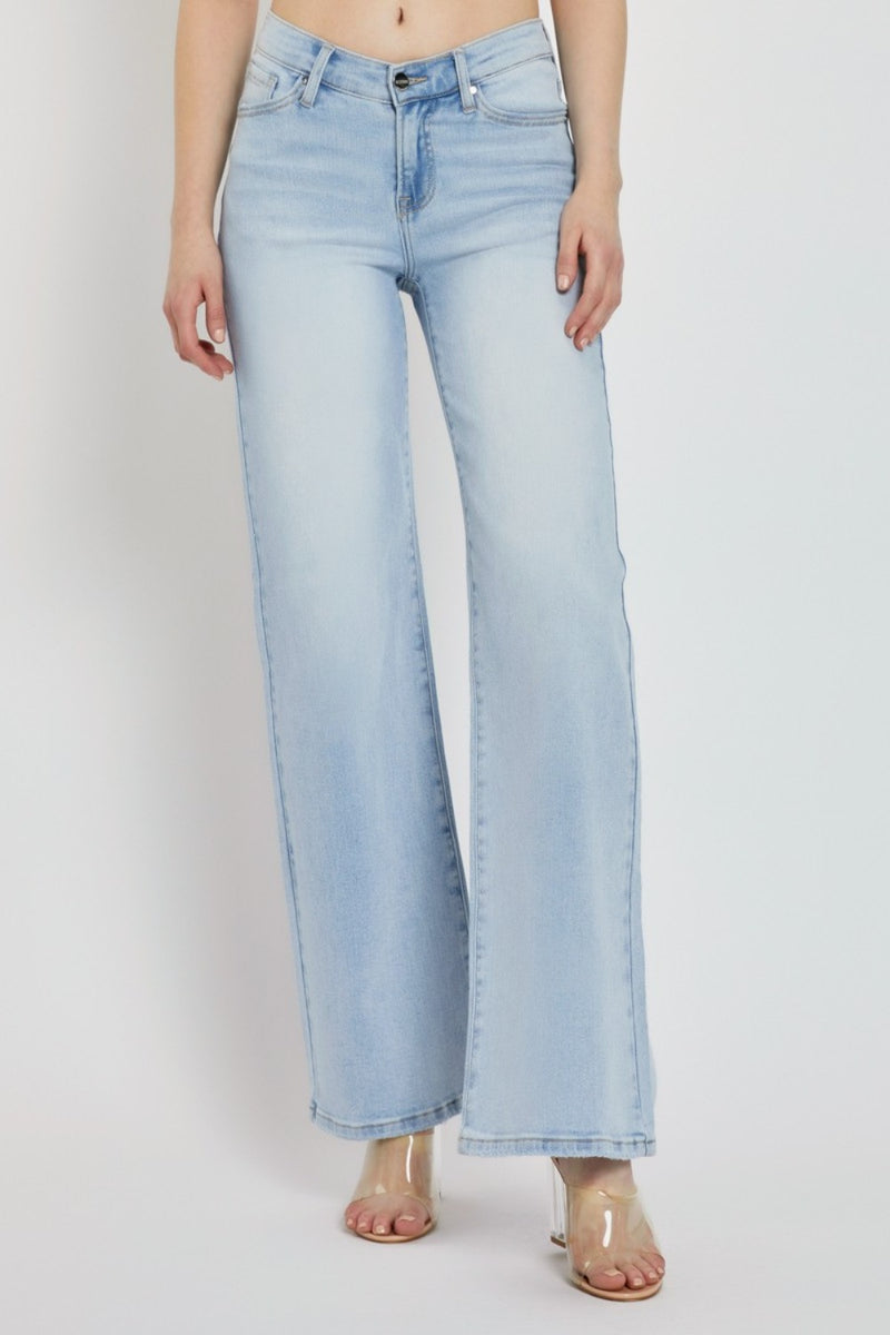 RISEN Mid Rise Wide Leg V Dipped Front Waist Jeans