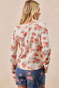 Bibi Floral Print Washed Waffle Knit Thermal Top