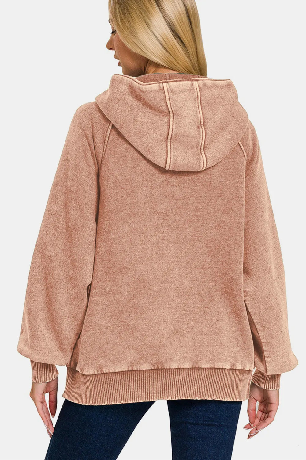 Zenana Acid Wash 1/4 Zip Fleece Kangaroo Hoodie in Rust