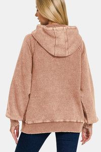 Zenana Acid Wash 1/4 Zip Fleece Kangaroo Hoodie in Rust