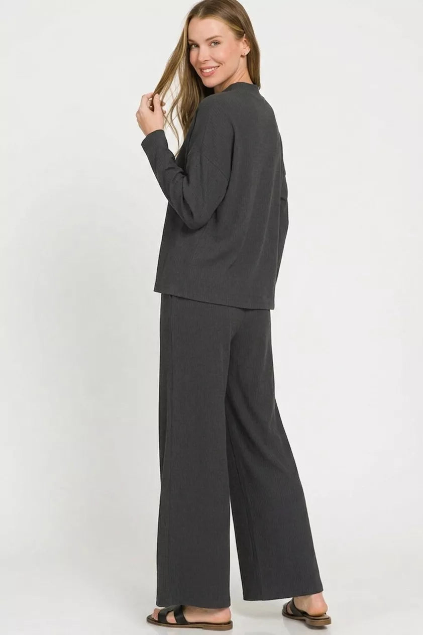 Viscose Sweater Knit Top &amp; Pants Two-Piece Set-in Black