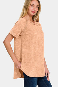 Zenana Cotton Acid Wash Round Neck Short Sleeve Top