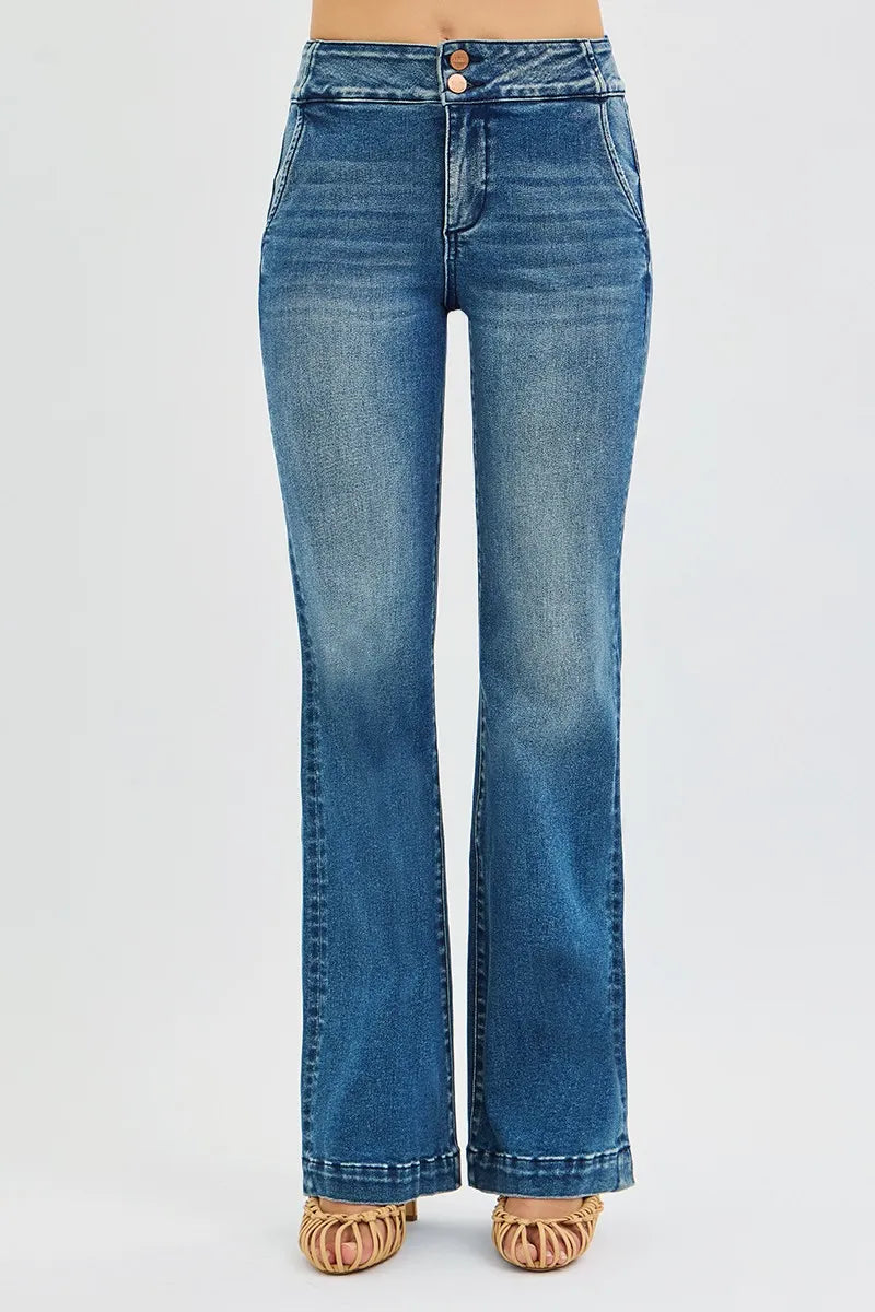 Risen High Rise Double Button Bootcut Jeans