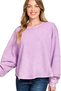 Zenana Acid Washed Exposed Seam Pullover in Lavender