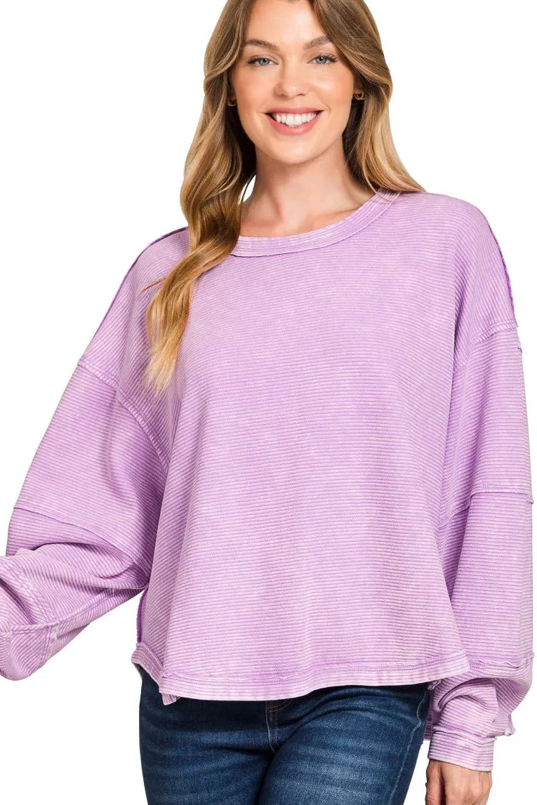 Zenana Acid Washed Exposed Seam Pullover in Lavender