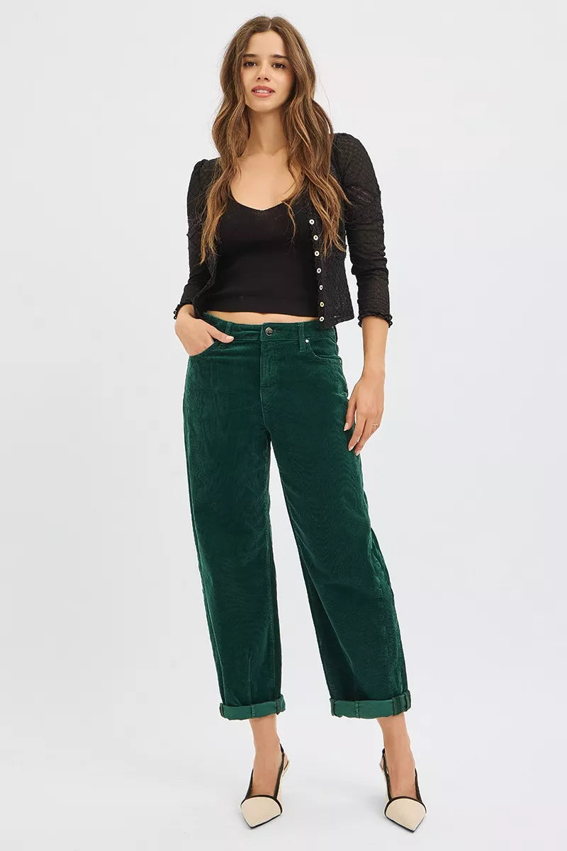 Risen High Rise Crop Barrel Corduroy Pants in Hunter Green
