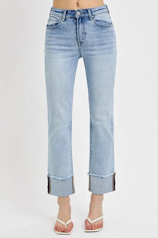 Risen High Rise Straight Cuffed Relaxed Jeans