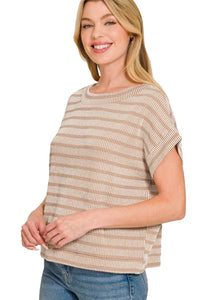 Zenana Boxy Raised Rib Striped Top in Ash Mocha