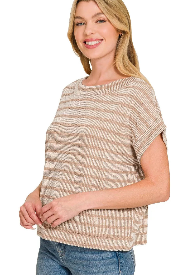 Zenana Boxy Raised Rib Striped Top in Ash Mocha