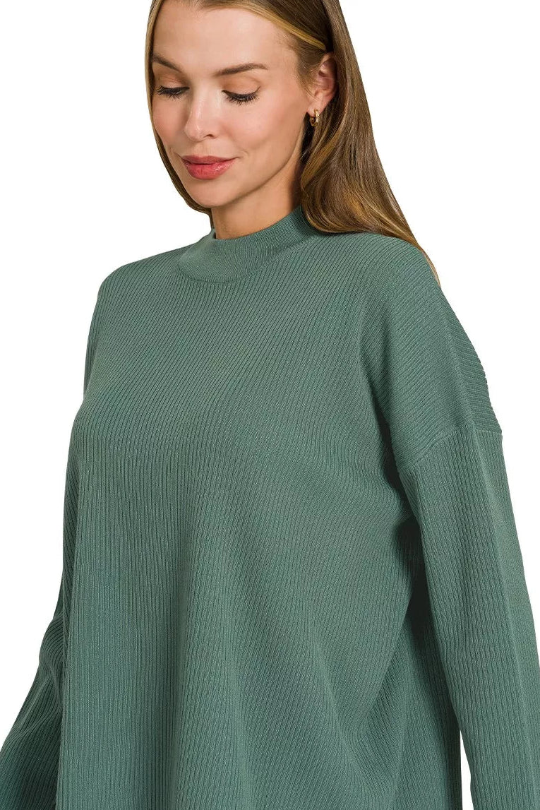 Viscose Sweater Knit Top & Pants Two-Piece Set in Ash Jade