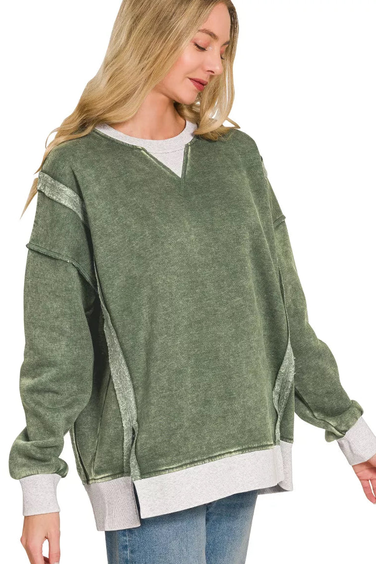Zenana Fleece Acid Washed Contrast Trim Pullover Sweatshirt in Army Green