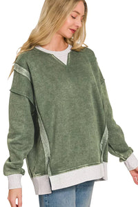 Zenana Fleece Acid Washed Contrast Trim Pullover Sweatshirt in Army Green