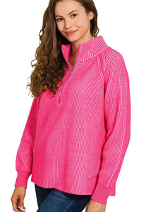 Zenana Ribbed Two Tone Half Zip Sweater in Hot Pink/Candy Pink
