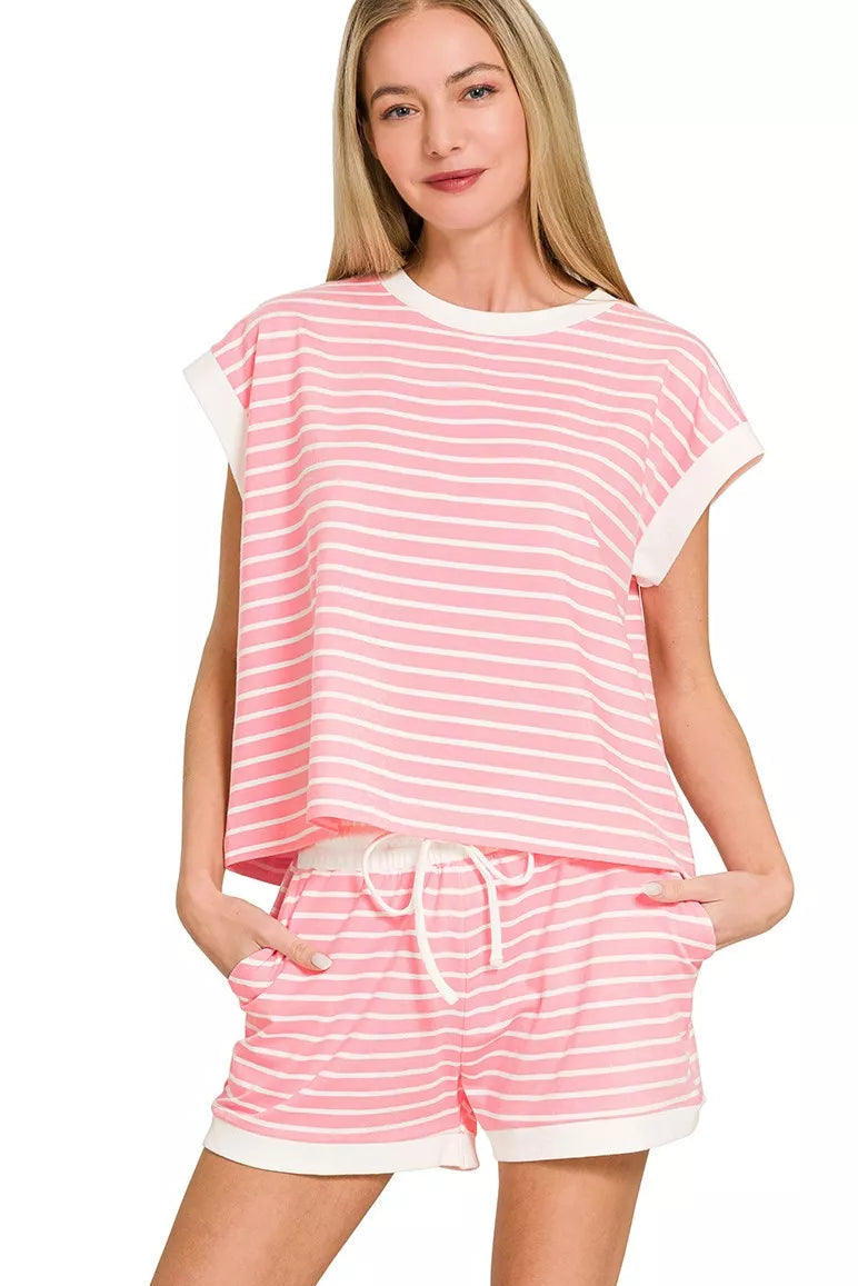 Zenana Stripe Contrast Trim Top & Shorts Set in Pink