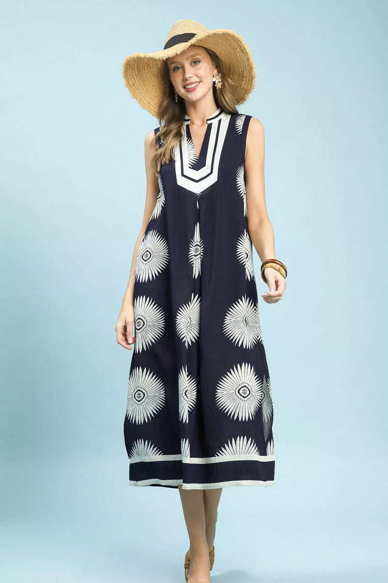Umgee Geometric Summer Midi Dress in Navy