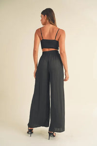Mable Smocked Bralette Crop Top and Wide Leg Pants Set in Black