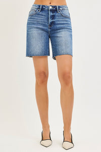 Risen Tummy Control High Rise Raw Cut Hem Denim Shorts