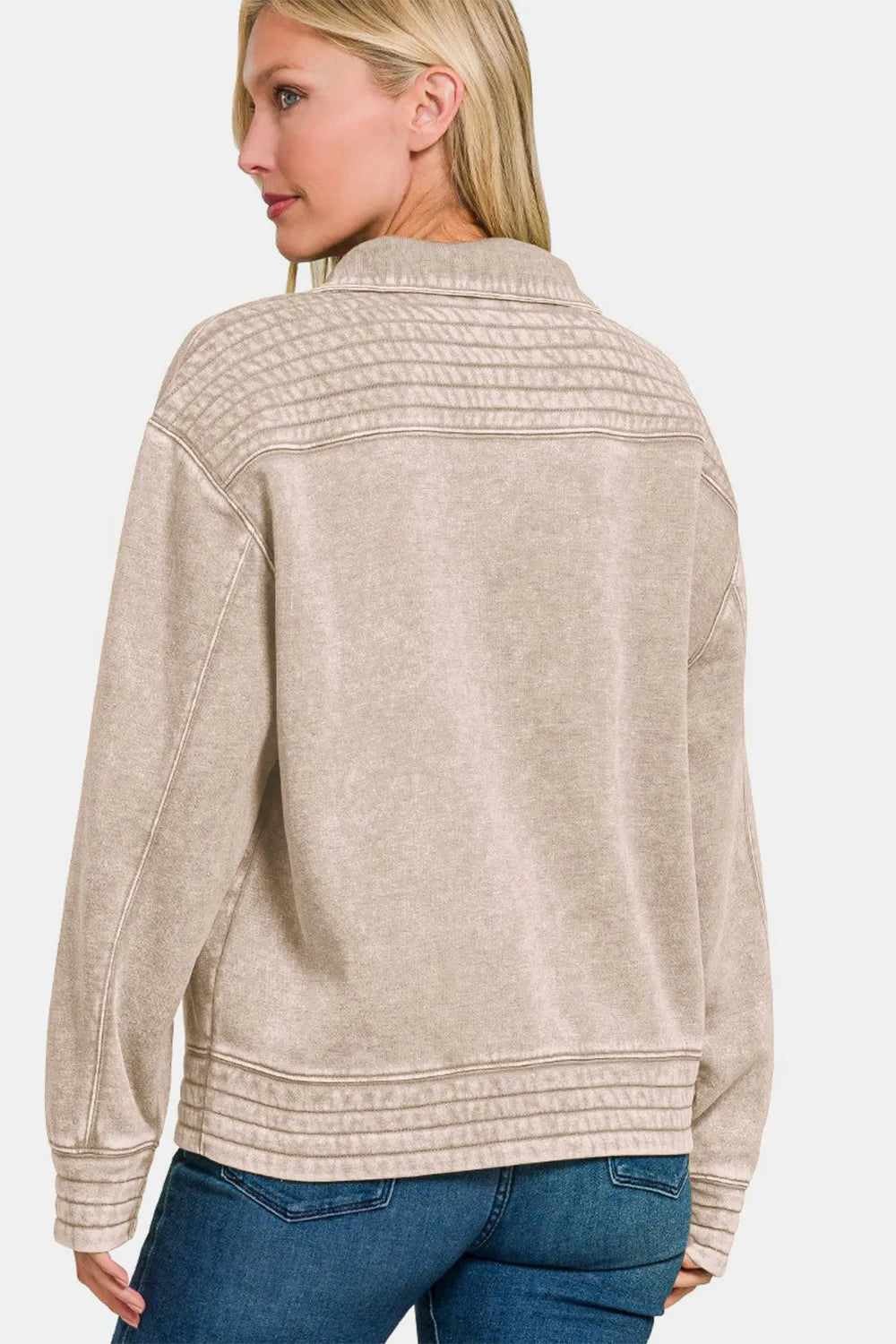 Zenana Acid Washed Half Snap Fleece Sweatshirt in Ash Mocha