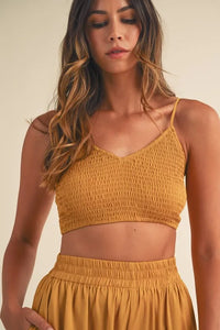 Mable Smocked Bralette Crop Top and Wide Leg Pants Set in Gold Mustard