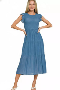 Woven Smocked Ruffle Sleeve Midi Dress in Dusty Blue