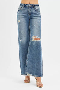 Risen Mid Rise Distressed Wide Leg Jeans
