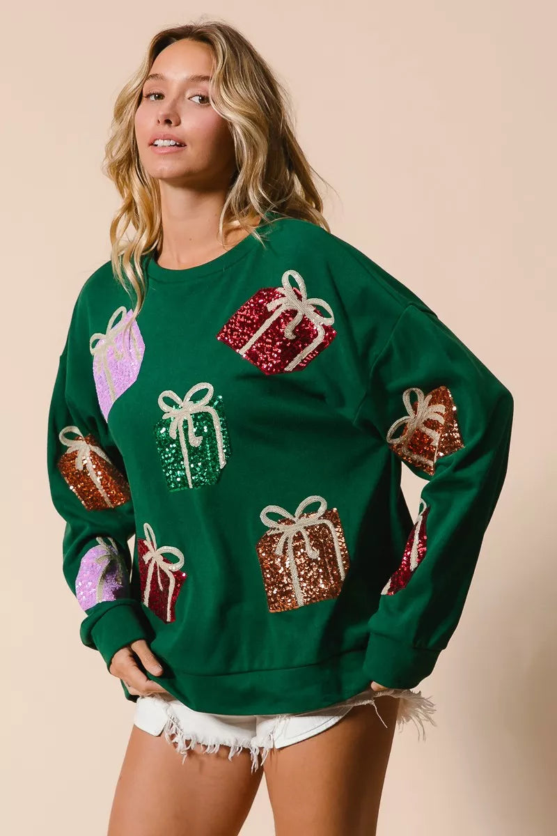 Sequin Christmas Presents Embroidered Pullover