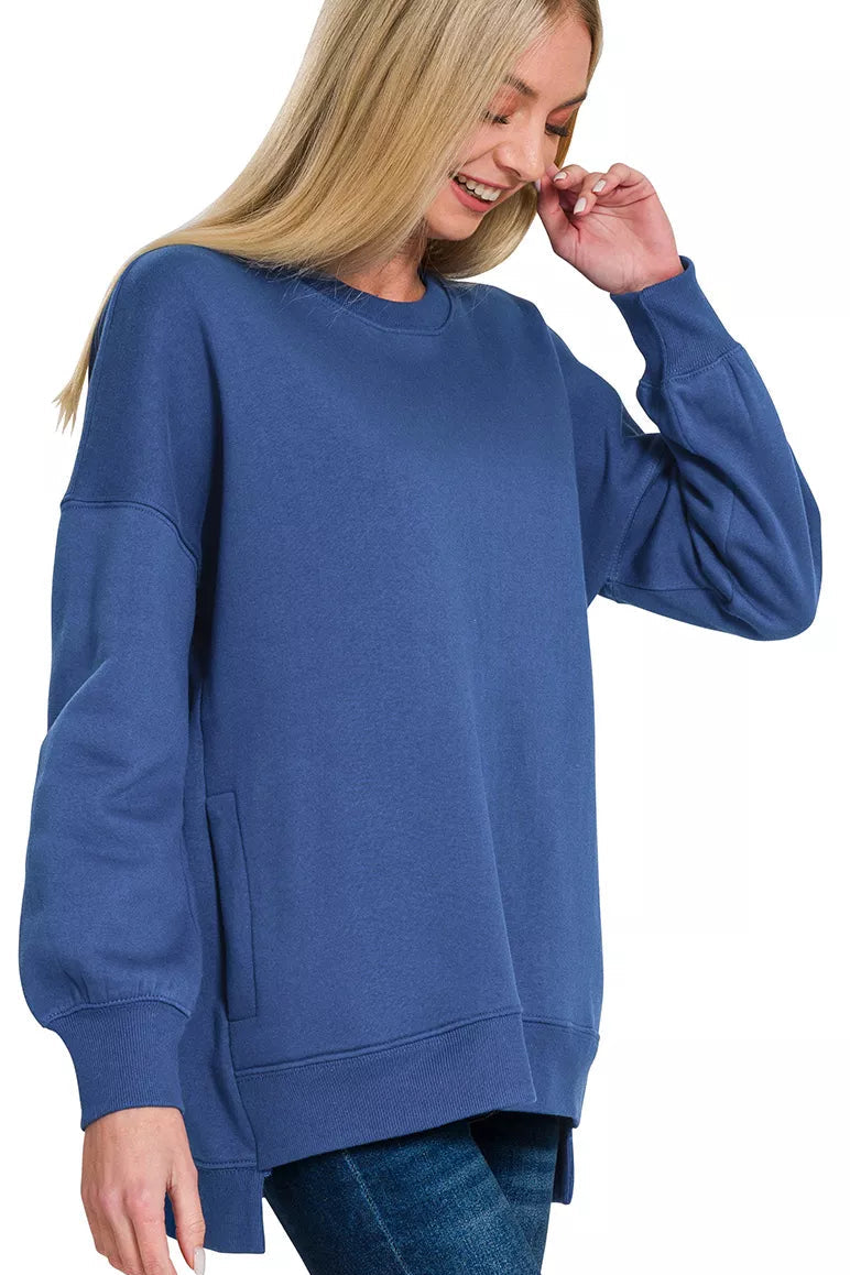 Zenana Fleece Hi-Low Boyfriend Sweatshirt with Pockets - Light Navy