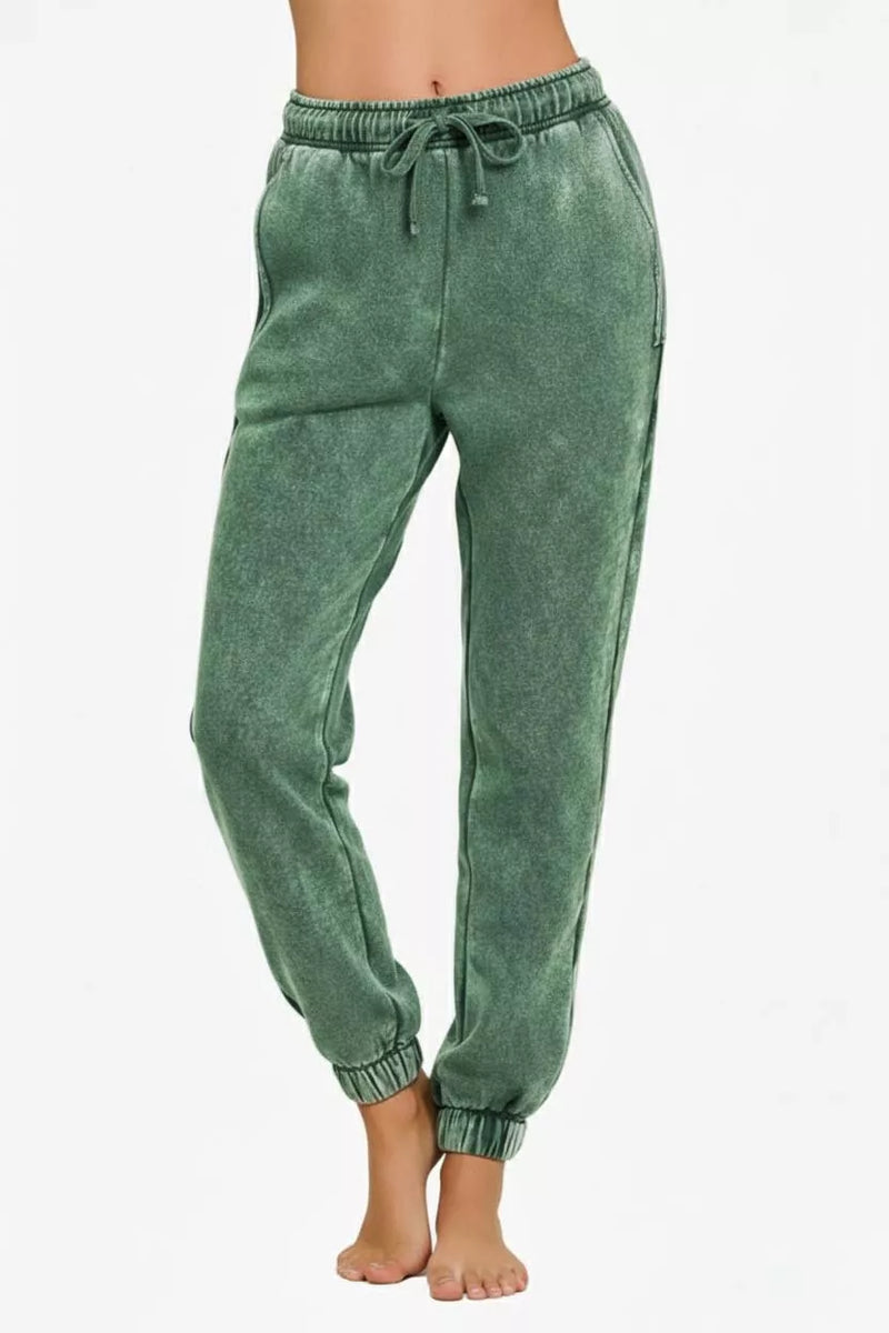 Zenana Acid Wash Fleece Jogger Sweatpants in Dark Green