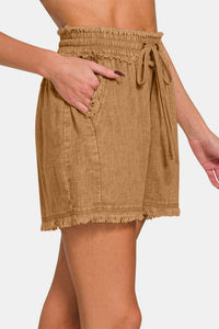 Linen Frayed Hem Drawstring Shorts