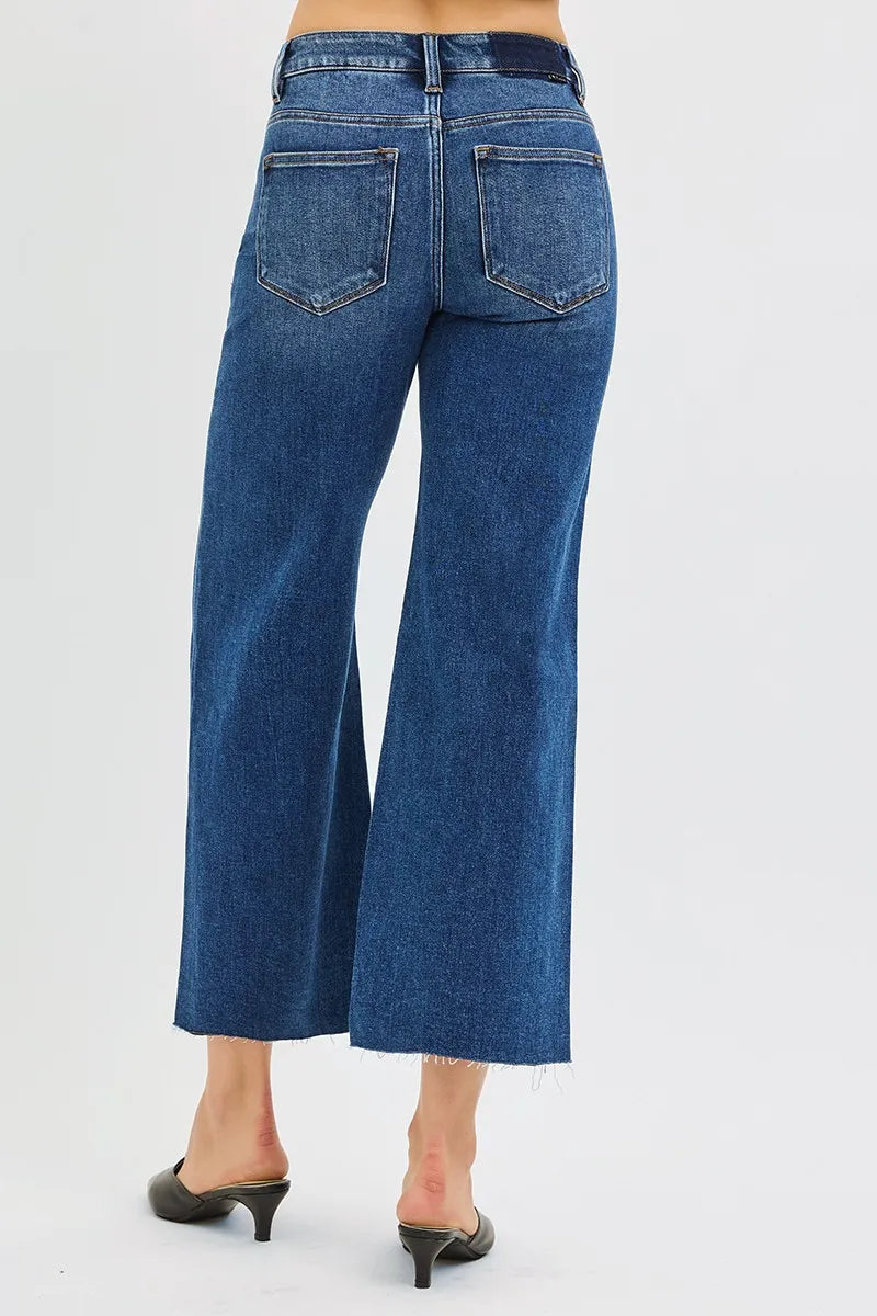 Risen Mid Rise Crop Wide Leg Raw Hem Jeans
