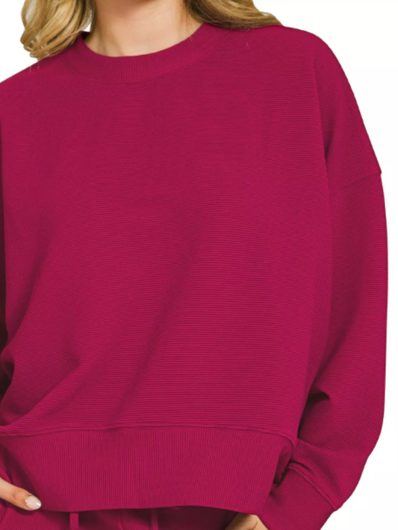 Zenana Ribbed Round Neck Pullover and Shorts Set in Cabernet