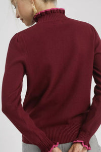 Umgee Contrast Ruffle Trim Burgundy Sweater