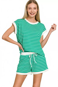 Stripe Contrast Trim Top &amp; Shorts Set in Kelly Green