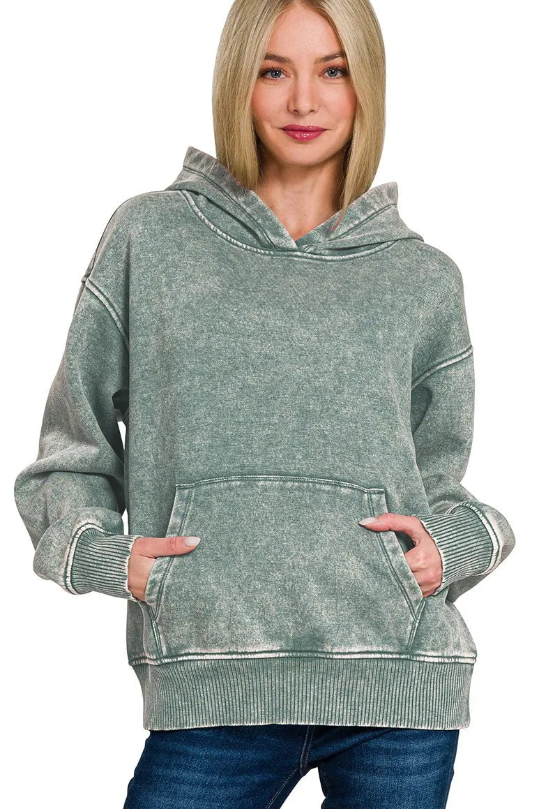 Zenana Fleece Mineral Wash Basic Hoodie in Ash Jade