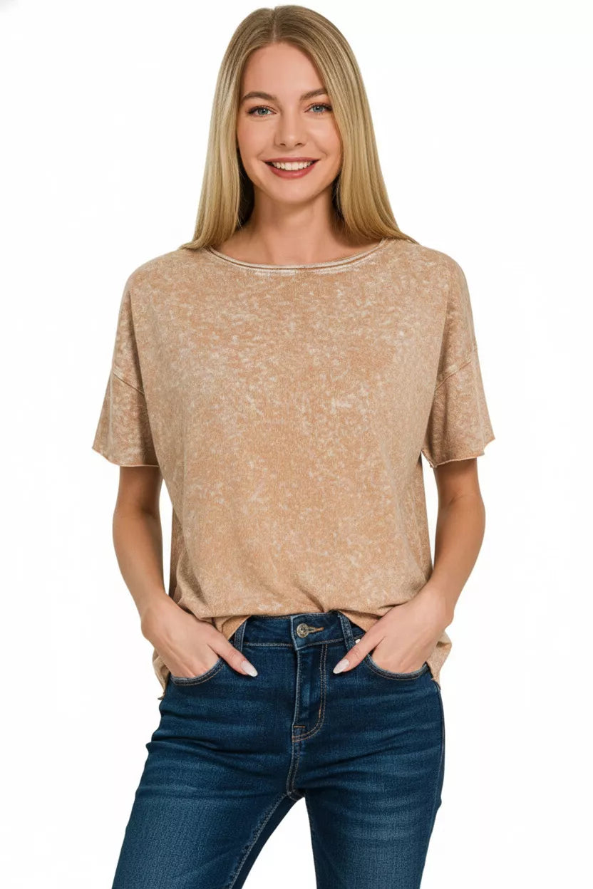 Halo Washed Cotton Short Sleeve Top in Brown